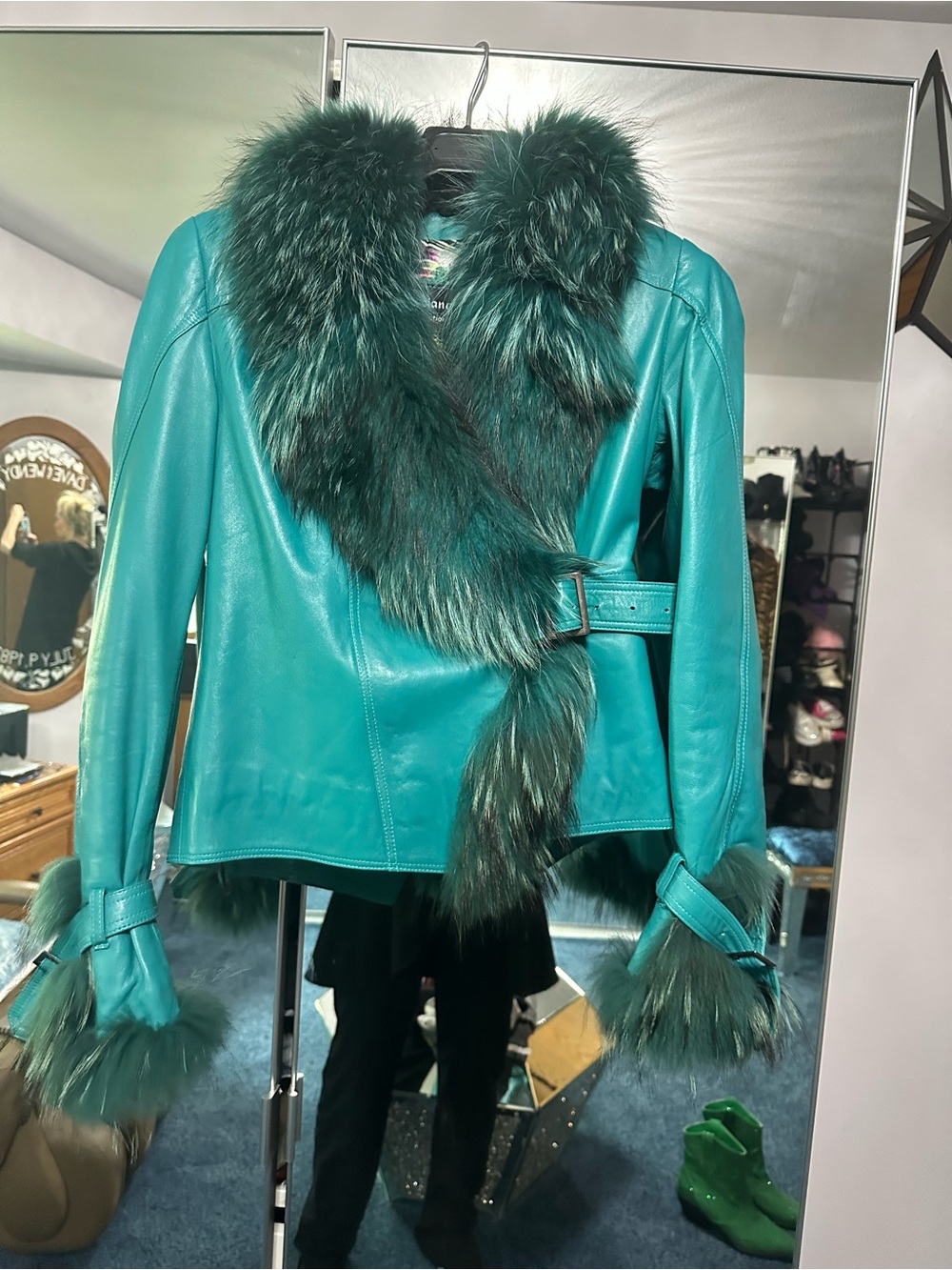 Teal Leather Jacket with real fox fur Trim - Women's Coat